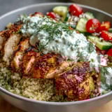 A vibrant Greek Chicken Power Bowl ready to serve, featuring diced veggies and Kalamata olives for a fresh Mediterranean lunch.