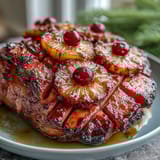 A tender bone-in ham topped with sweet pineapple rings and cherries, brushed with honey-mustard glaze for a glossy finish.