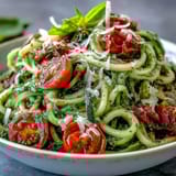 Vibrant zucchini noodles tossed with fresh basil pesto and juicy cherry tomatoes in a healthy, gluten-free dish.