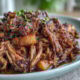 Slow cooker honey peach BBQ pulled pork with tender shredded meat and sweet peaches in a tangy sauce.  