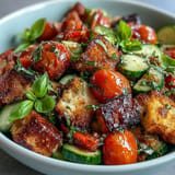 Juicy Summer Panzanella salad featuring charred rustic bread chunks absorbing vinaigrette.