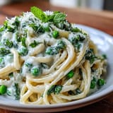 Bright Lemon Ricotta Pasta dish garnished with fresh mint and parmesan cheese.