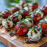 Bright cherry tomatoes and mozzarella skewers drizzled with sweet balsamic glaze.