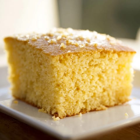 A square of warm cornbread with a flaky, golden crust, perfect side for barbecue.