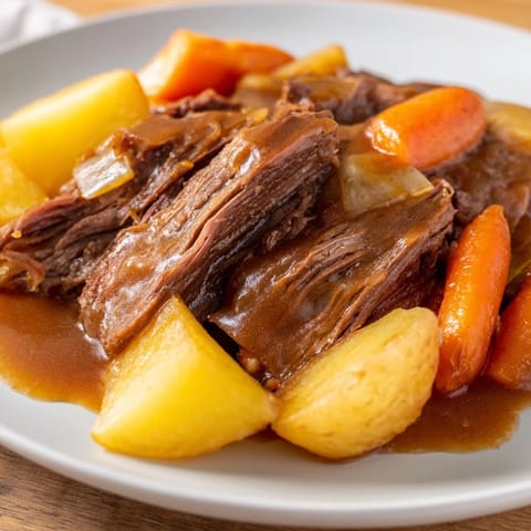 A close-up of a richly flavored Beef Pot Roast, showcasing juicy meat and colorful, soft carrots.