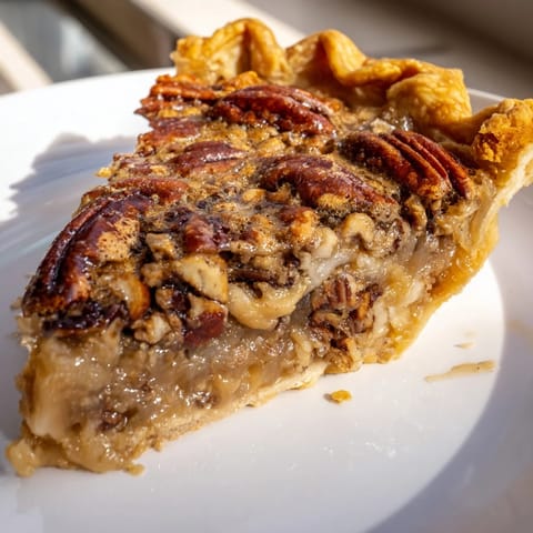 Warm, freshly baked pecan pie, showing its glistening, caramelized pecan topping and flaky crust.