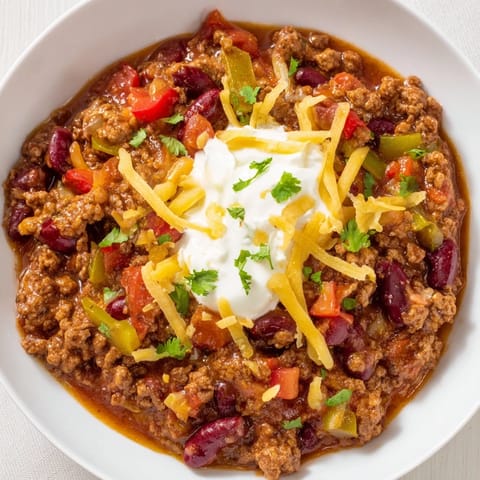 A hearty, bubbling pot of Chili con Carne with a rich, dark color and tender beef chunks.