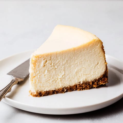 A beautiful, baked New York Cheesecake with a perfect, crack-free top, ready to serve with berries.