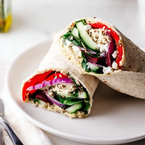 Close-up of a halved Mediterranean Veggie Wrap showing layers of fresh spinach and crisp veggies inside a warm tortilla.  