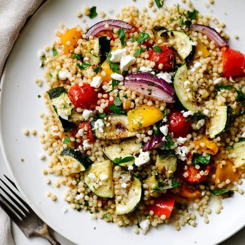 A close-up of the warm Mediterranean salad shows feta crumbles and toasted pine nuts on top, with a zesty lemon dressing glistening on the vegetables.  