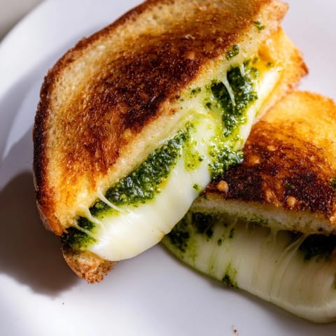 Thick slices of sourdough bread are filled with basil pesto and melty mozzarella, fontina, and cheddar, grilled to golden perfection.  