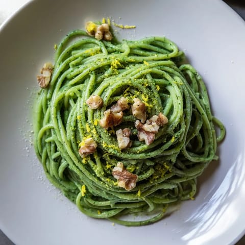 Tender pasta twirls with toasted walnuts and fresh spinach in a rich, plant-based cream sauce.