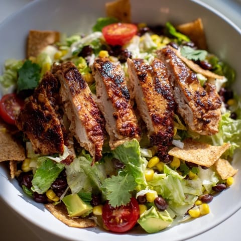 A vibrant Honey Lime Chicken Taco Salad features chopped romaine, grilled chicken slices, corn, black beans, and avocado.  