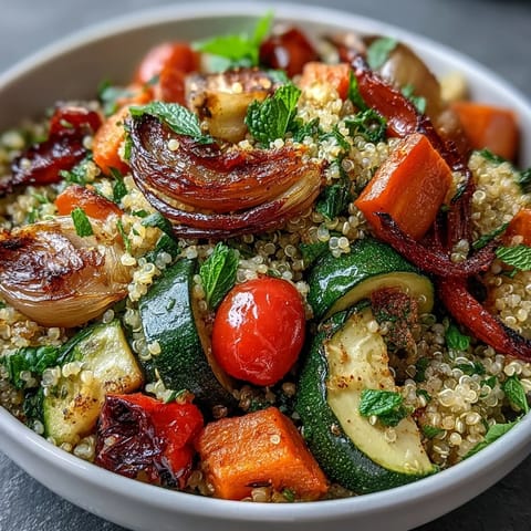 This vibrant Quinoa Vegetable Pilaf features fluffy quinoa mixed with colorful roasted zucchini, red bell pepper, and tomatoes, finished with fresh herbs.