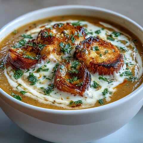 Velvety Roasted Garlic Soup, garnished with parsley, ready to warm you on a cold day.