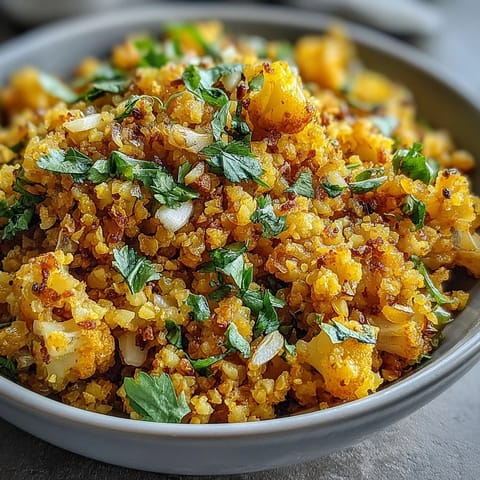 Golden turmeric cauliflower rice, vibrant, fluffy, and seasoned perfectly as a healthy side dish.