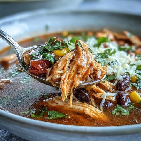 A close-up of Mexican-inspired Instant Pot chicken tortilla soup with shredded chicken, black beans, corn, and colorful veggies topped with cheese and sour cream.