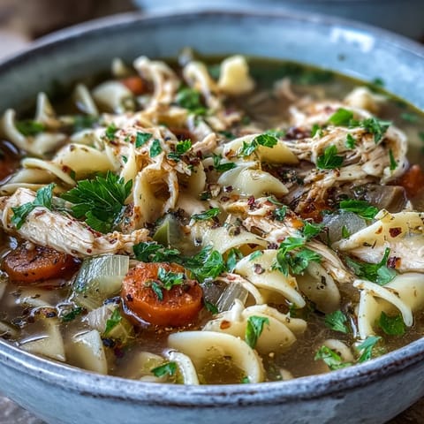 Hearty Instant Pot chicken noodle soup steaming in a bowl, garnished with fresh parsley for a cozy weeknight meal.  