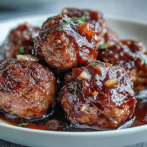 Golden meatballs glisten with peach glaze, perfect for a party appetizer or main dish.