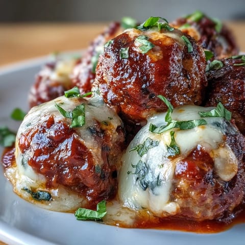 A serving spoon lifts a cheesy Garlicky Meatballs With Marinara from a skillet, steam rising from the bubbly sauce.