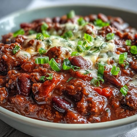 A hearty Slow Cooker Chili topped with sour cream and cilantro, ready to serve with a side of cornbread.
