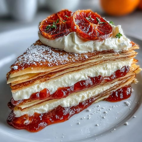 A tall slice of Blood Orange Curd Crêpe Cake reveals paper-thin layers and creamy whipped filling.