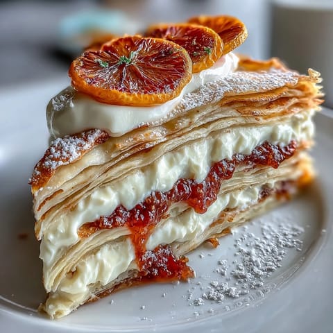 Close-up of Blood Orange Curd Crêpe Cake garnished with bright orange slices and powdered sugar.