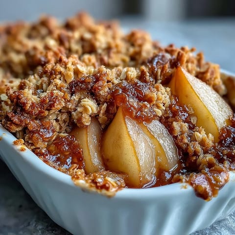 Golden-brown Pear Crumble bubbling from a 9-inch dish, with warm vanilla ice cream melting over tender, cinnamon-spiced pears and a crunchy oat topping.