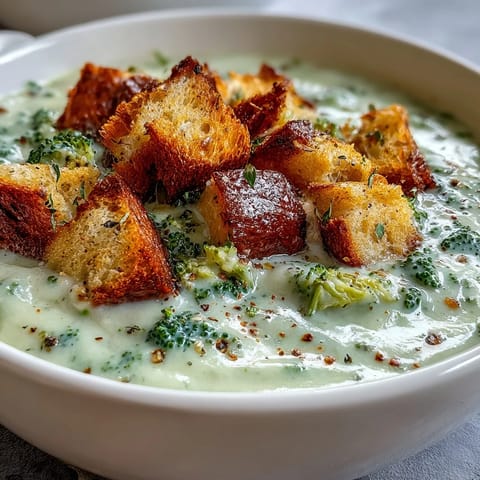 Hearty Cauliflower and Broccoli Soup blended smooth with thyme, served steaming hot with buttery bread cubes.