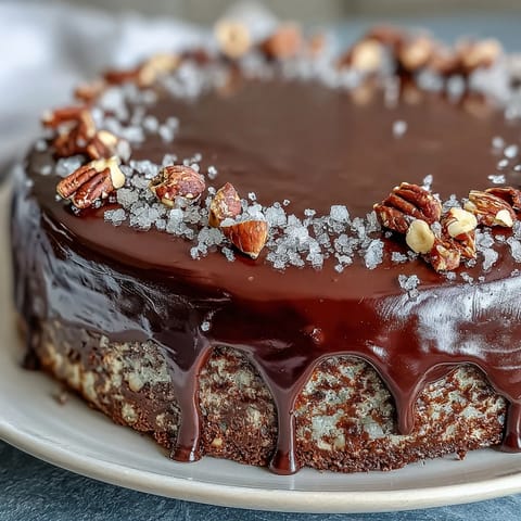 The finished Chocolate Celebration Cake stands tall, layered with rich ganache and topped with sparkling hazelnut praline shards.  