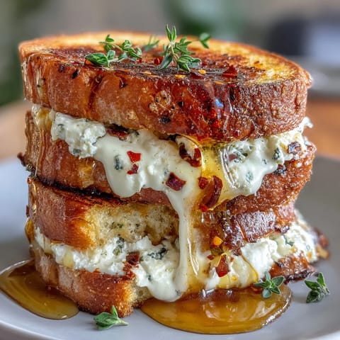 Drizzled with honey and scattered chili flakes, this warm goat cheese grilled cheese is paired with crisp apple slices and a peppery arugula side salad.