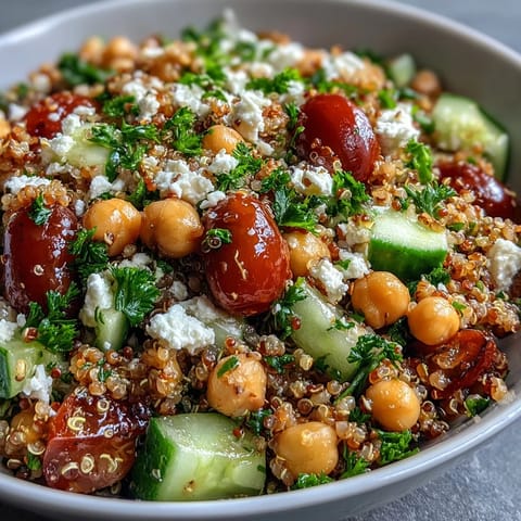 Freshly prepared High Protein Quinoa & Chickpea Salad with diced cucumber, cherry tomatoes, and creamy feta cheese. The fluffy quinoa and hearty chickpeas are tossed with vibrant green herbs and a zesty lemon dressing for a nutritious Mediterranean-inspired meal.