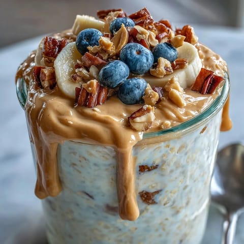 Overnight oats with peanut butter and protein powder in a glass jar.