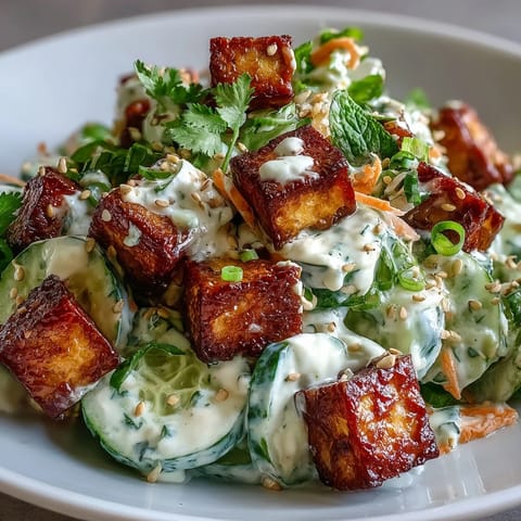 Golden, ultra-crispy tofu cubes rest atop a vibrant bowl of Creamy Asian Cucumber Salad with colorful carrots and green onions.