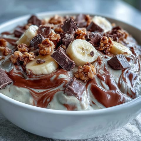 Chocolate Peanut Butter Smoothie Bowls topped with sliced bananas, chopped dark chocolate, and crunchy granola for a nutritious breakfast.