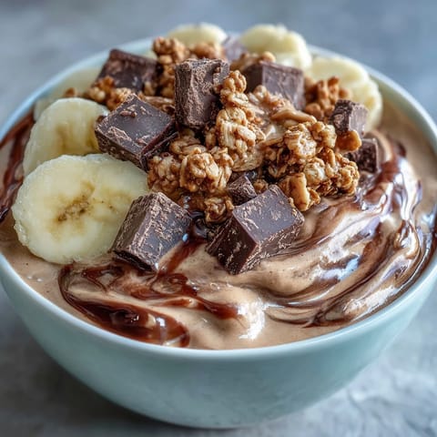 A creamy Chocolate Peanut Butter Smoothie Bowl drizzled with peanut butter, featuring frozen banana and cocoa powder for a rich, indulgent treat.