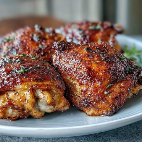Juicy Crispy Baked Bone-In Chicken Thighs rest beside lemon wedges and fresh parsley garnish.