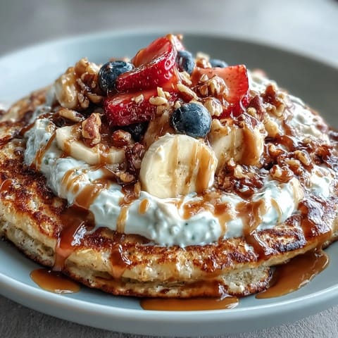 Warm Protein Pancake Bowl with Greek yogurt, fresh berries, and honey drizzle on a spoon.