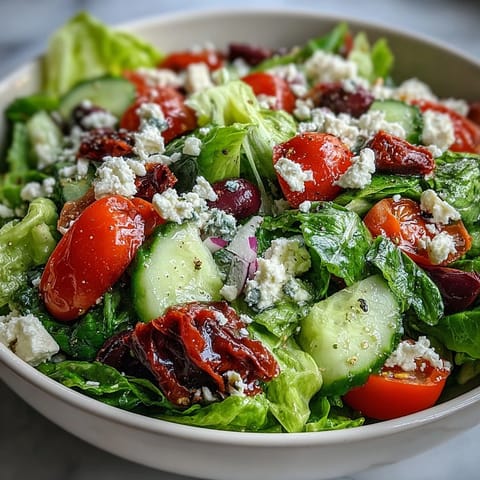 This vibrant Greek Salad Bowl features crisp romaine, juicy tomatoes, crunchy cucumbers, and briny Kalamata olives topped with creamy feta and a tangy vinaigrette.