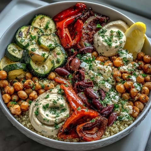 This Mediterranean Buddha Bowl features golden roasted veggies, spiced chickpeas, Kalamata olives, and a generous dollop of hummus.