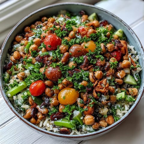 New Years Hoppin John Salad served in a white bowl with black-eyed peas, chickpeas, cherry tomatoes, and creamy tahini dressing.