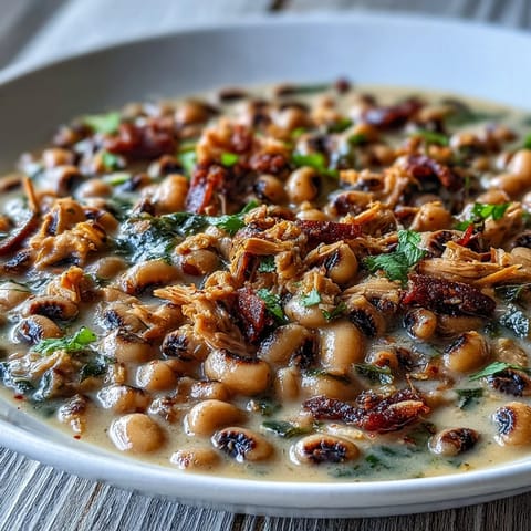 Creamy Crock-Pot Black-Eyed Peas with Smoked Turkey served hot in a rustic bowl, garnished with fresh herbs.