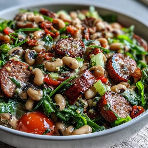 Vibrant Hoppin John Style Black-Eyed Pea Salad in a white bowl with mustard dressing.