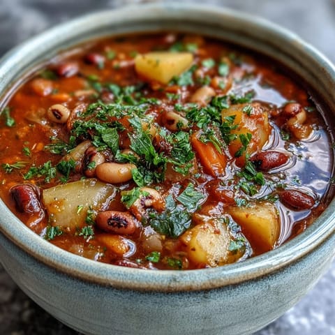 A warm bowl of Black-Eyed Pea Stew garnished with fresh parsley and served alongside crusty bread for dipping.
