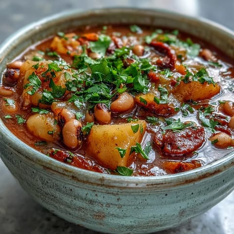 Hearty Black-Eyed Pea Stew simmering in a pot, revealing tender carrots, potatoes, and sweet onions in rich tomato broth.