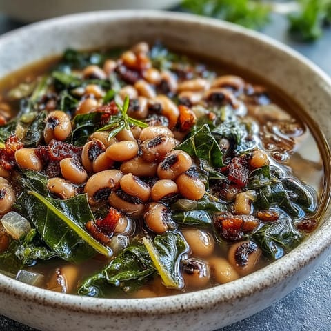 Simmering black-eyed peas with tender collard greens in a rustic Dutch oven for a hearty Southern meal.