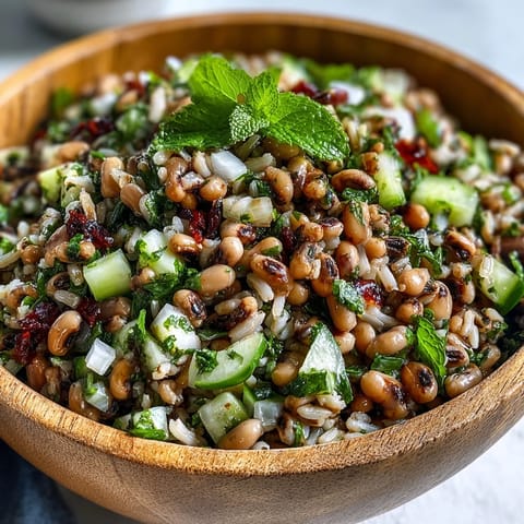 Zesty lemon-mint vinaigrette coats a chilled Southern Black Eyed Pea Salad garnished with fresh mint leaves.