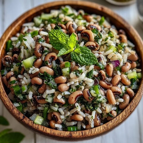 Bright bowl of Southern Black Eyed Pea Salad with brown rice, celery, and red onion.