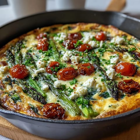 Healthy Easy Spring Veggie Frittata with vibrant asparagus, spinach, and tomatoes, baked golden and topped with fresh herbs and feta.