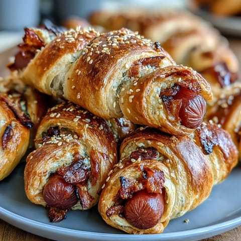 Mini Baseball Hot Dogs in Crescent Roll Dough: golden, baked snacks shaped like baseball bats, perfect for game day spreads.